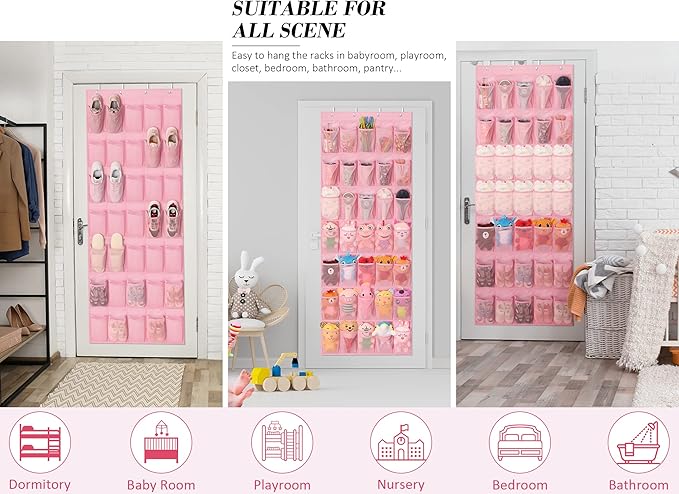 Tiblue Over The Door Shoe Organizers Pink with 35 Mesh Pockets Baby Organizer Storage Hanging Shoe Organizer Shoe Holder Rack For Toddler Girl Room Baby Room Craft Room Bedroom Pantry Bathroom Closet