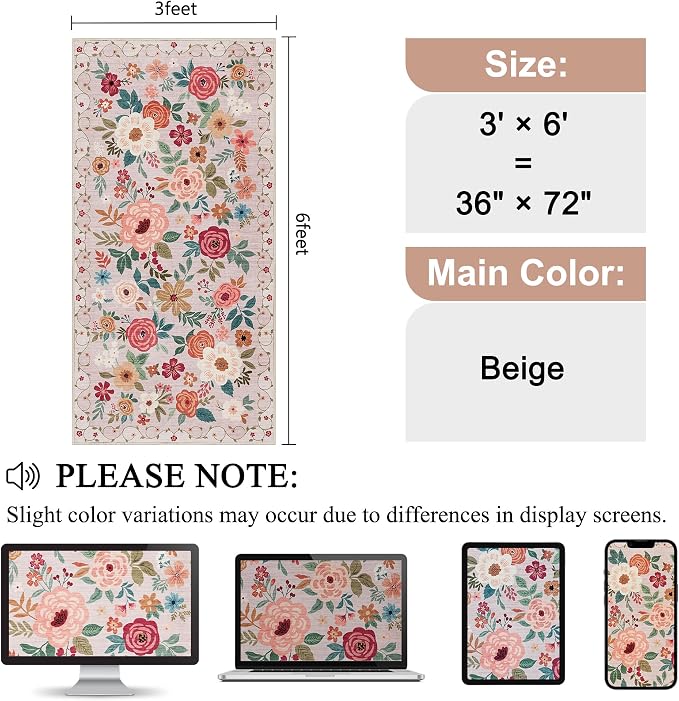 DUKINO 3x6 Runner Rug, Non Slip Floral Washable Rug - Image 2