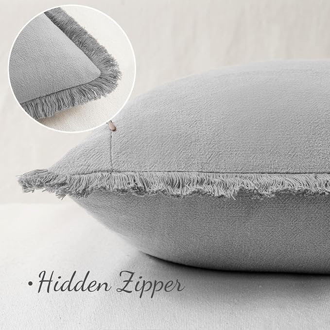 MIULEE Linen Fringe Decorative Euro Throw Pillow Covers Light Grey 24x24 | Set - Image 3