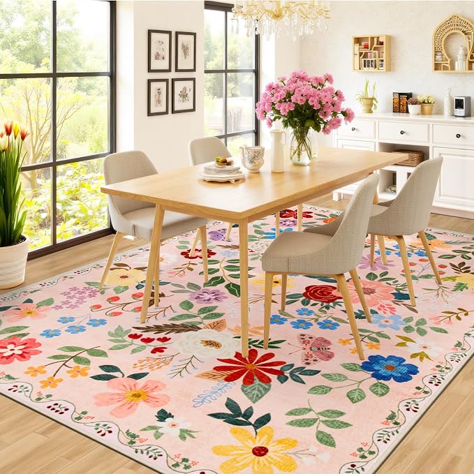 PLHXFR Area Rug Living Room: 5x7 Floral Washable Boho Soft Carpet Beige | - Image 4
