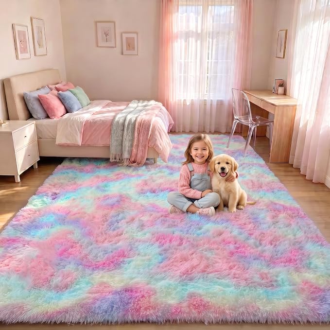 Rainbow Area Rugs for Living Room, 5x8 Fluffy Girls Bedroom Rug, Indoor Ultra - Image 3