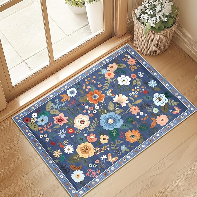 RELEANY Floral Washable 2x3 Area Rugs Doormat Blue/Grey | Flower Carpet Print - Image 9