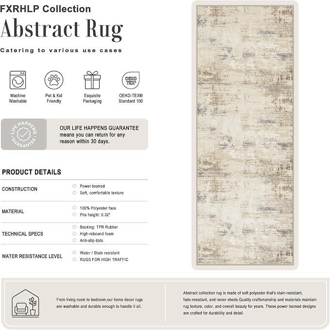3x10 Washable Runner Rug：Modern Abstract Soft Carpet Beige Brown | - Image 2