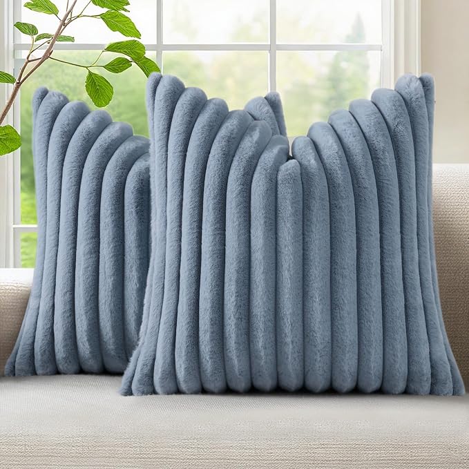 decorUhome Fall Faux Fur Throw Pillow Covers 16x16 Set of 2 Grey Blue | by decorUhome