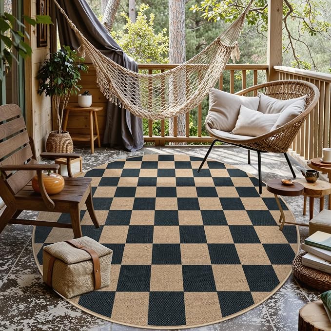 Lahome Checkered Easy Jute Outdoor Patio Area Rug 6ft Round, Washable Black | - Image 7