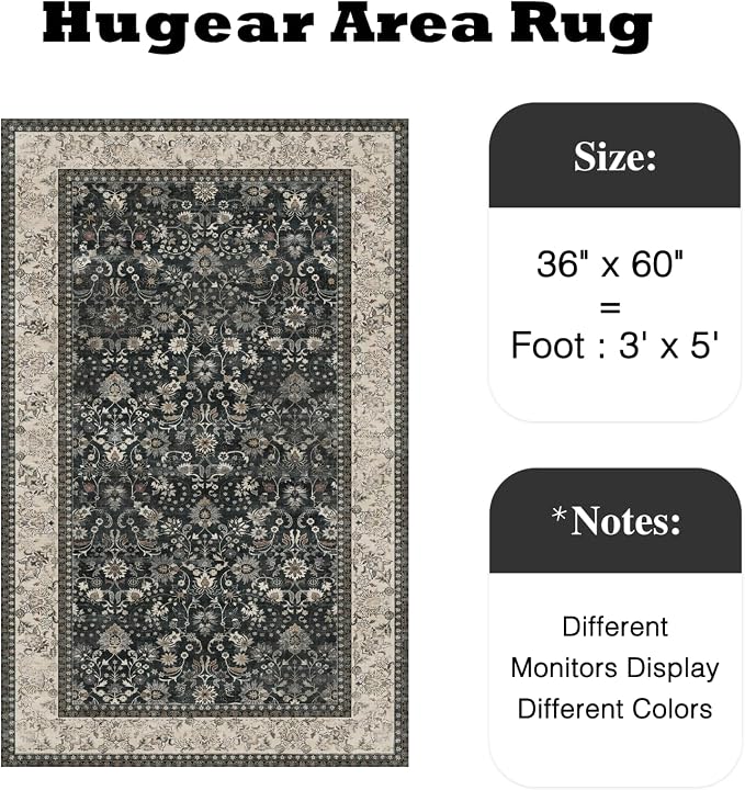 3x5 Black Beige Vintage Floral Washable Area Rug - Image 2