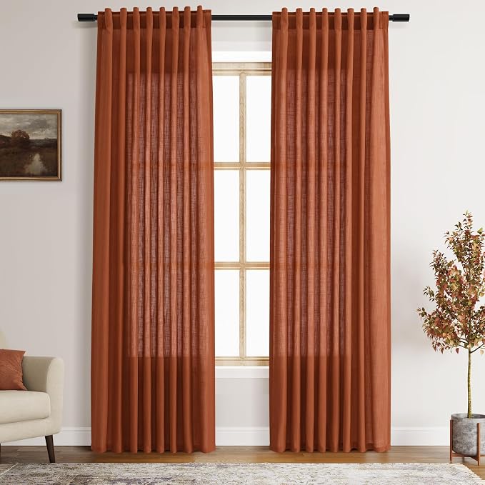 Terracotta Linen Curtains 84 Inches Long 2 Panel Set Back Tab Boho Rustic by Nanspring