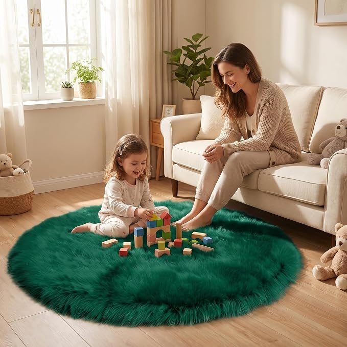 Emerald Green Faux Fur Sheepskin Round Rug 4x4 ft, Fluffy Shag Circle Rug | - Image 6
