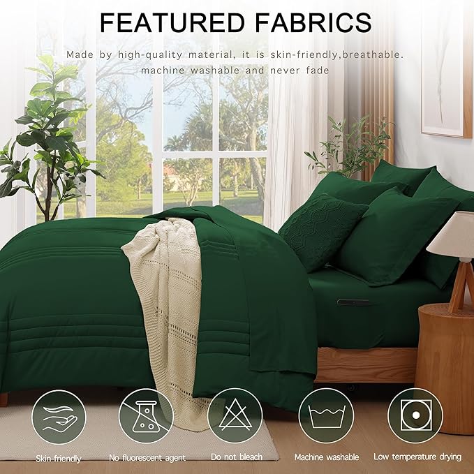 Monbix Queen Comforter Set - 7 Pieces Emerald Green Bed in a Bag Queen Bedding Sets with Comforters, All Seasons Down Alternative Comforter Bed Set with Sheets, Pillowcases & Shams
