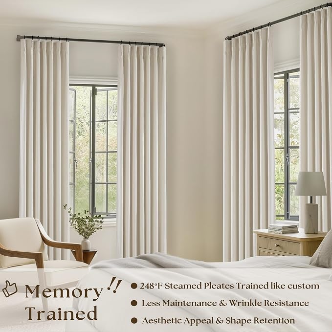 Cream Beige Pleated 100% Blackout Linen Curtains 108 Inches Long Set of 2 | - Image 2