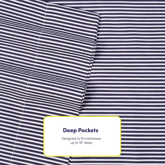 Queen Sheets Stripe Navy - 6 Piece 1500 Supreme Collection Fine Brushed Microfiber Deep Pocket Queen Sheet Set Bedding - 2 Extra Pillow Cases, Great Value, Queen, Classic Stripe Navy