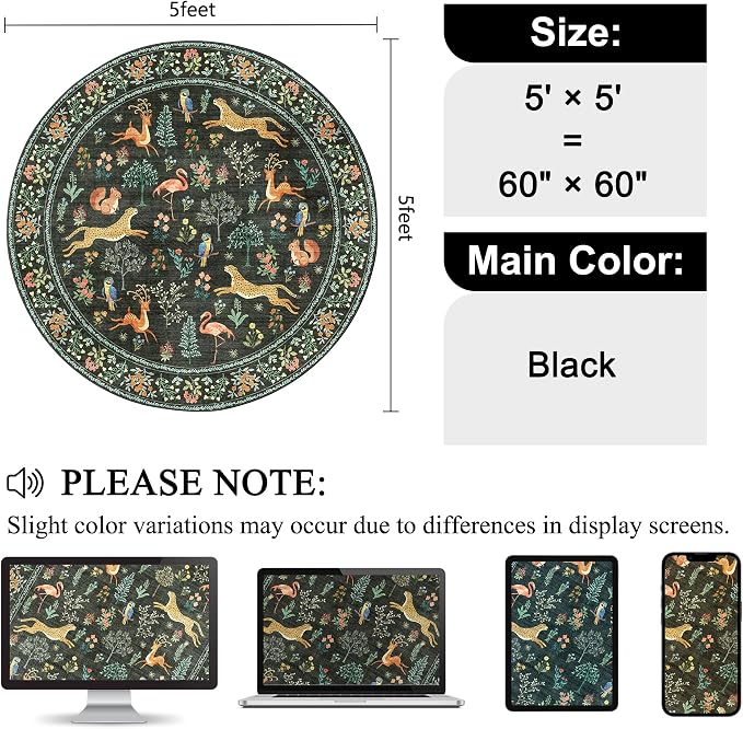 DUKINO 5ft Round Rug, Washable Animal Non Slip Circle Area Rug, Non-Shedding - Image 2