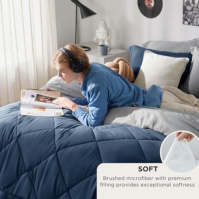 Bedsure King Size Comforter Set - 7 Pieces Reversible Navy Bedding, King Size Bed Set for All Seasons, Bed in a Bag with Down Alternative Comforter, Sheets, Pillowcases & Shams