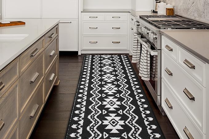 Custom Length Cut to Size Tribal Ethnic Southwestern Inspired Hallway Runner Rug, Non Slip Rubber Backed, 31 inch Wide X Customized Length, Aztec Black, 31 inch X 8 feet
