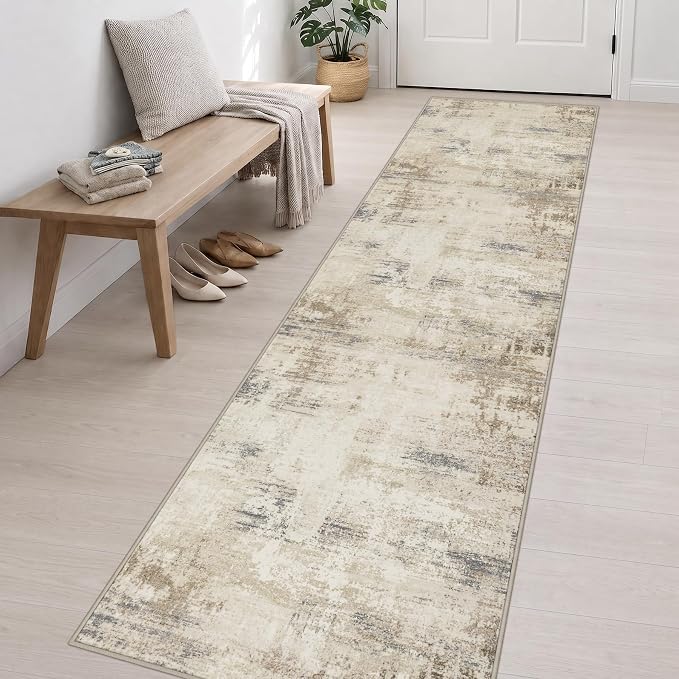 2.6x14 Washable Runner Rug:Modern Abstract Soft Carpet Beige Brown | - Image 3
