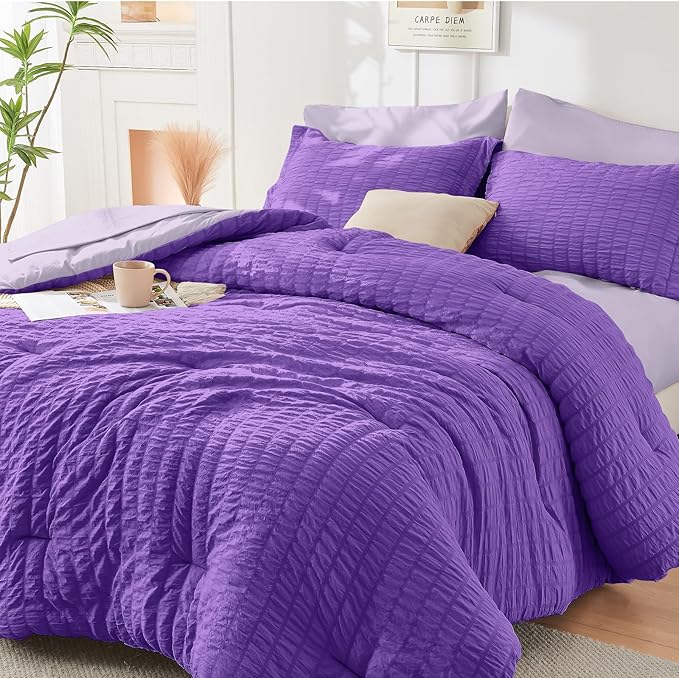 HYMOKEGE Dark Purple/Lavender Full Size Comforter Sets Seersucker 7 Pieces, All Season Luxury Bed in a Bag for Bedroom, Bedding Set with Comforter, Sheets, Pillowcases & Shams