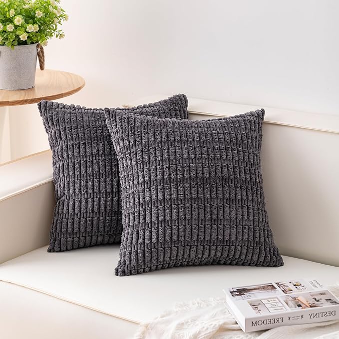 Pack of 2 Corduroy Decorative Throw Pillow Covers 16x16 Inch, Dark Grey | Fall by Unknown