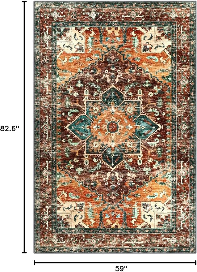 Yamaziot Area Rug 5x7, Non-Slip Washable Boho Vintage Living Room Rug | Stain - Image 2