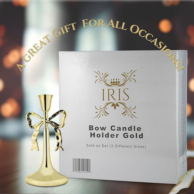 Iris Bow Candle Holders Set of 3, Gold Taper Candlestick Holders, Vintage Decor Perfect for Home Décor Accents, Centerpiece Dining Table Wedding Decor Fireplace Mantel or Housewarming Gift