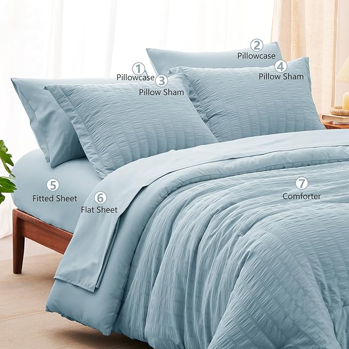 CozyLux King Size Comforter Set Light Blue Seersucker 7 Pieces Bed in a Bag King Comforter Set with Sheets, Luxury Bedding Set with Down Alternative Comforter, Sheets, Pillowcases & Shams All Seasons