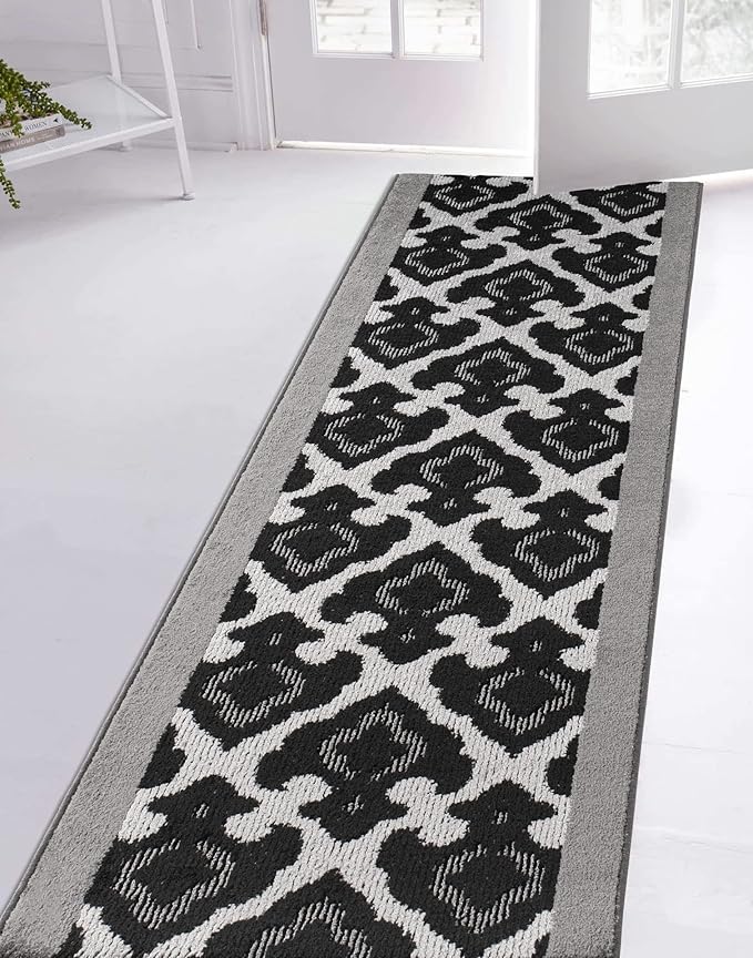 Custom Length Cut to Size Fleur de Lis Inspired Carpet Runner Rug for Hallways, Non Slip Rubber Backed, 31 inch Wide X Customized Length, Royal Grey, 31 inch X 7 feet