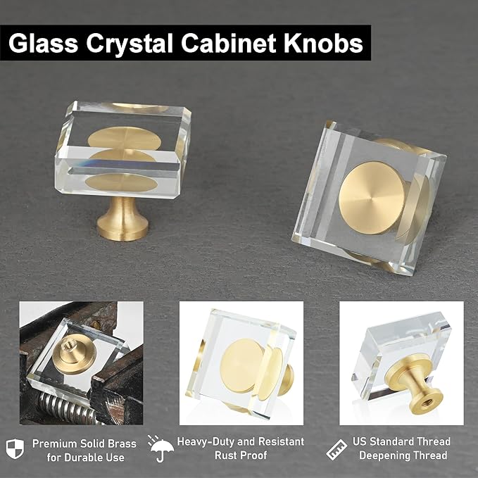 QOGRISUN 10-Pack Brass Crystal Cabinet Knobs,Glass Crystal Gold Drawer Knobs,1-1/8-Inch Square,Decorative Dresser Pulls, Modern Cabinet Hardware