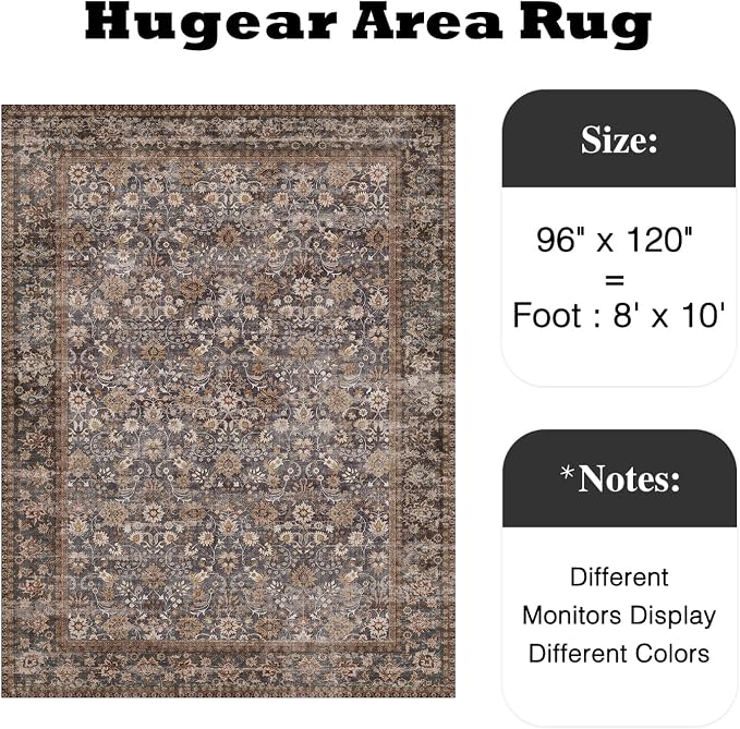 8x10 Brown Blue Vintage Floral Washable Area Rug - Image 2