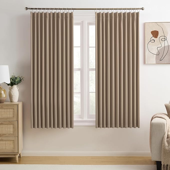 Cappuccino Pinch Pleated 72 Inch Wide Curtains 72 x 63, Thermal Insulated Noise by KEQIAOSUOCAI