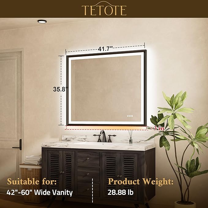 TETOTE Brushed Silver LED Bathroom Mirror with Lights 42x36 Front & Back Light Vanity Framed Mirror Baroque Anti Fog Dimmable White/Warm/Natural,CRI90+,Waterproof,Wall Mounted(Horizontal/Vertical)