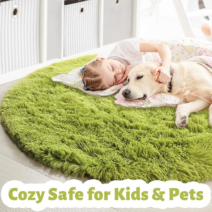 Amdrebio Grass Green Round Fluffy Kids Rug 5Ft - Image 2