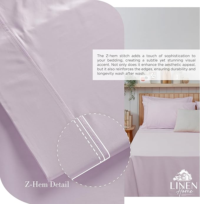 Linen Home 100% Cotton Percale Sheets Full Size, Iris Lilac, Deep Pocket, 4 Pieces Set - 1 Flat, 1 Deep Pocket Fitted Sheet and 2 Pillowcases, Crisp Cool and Strong Bed Linen