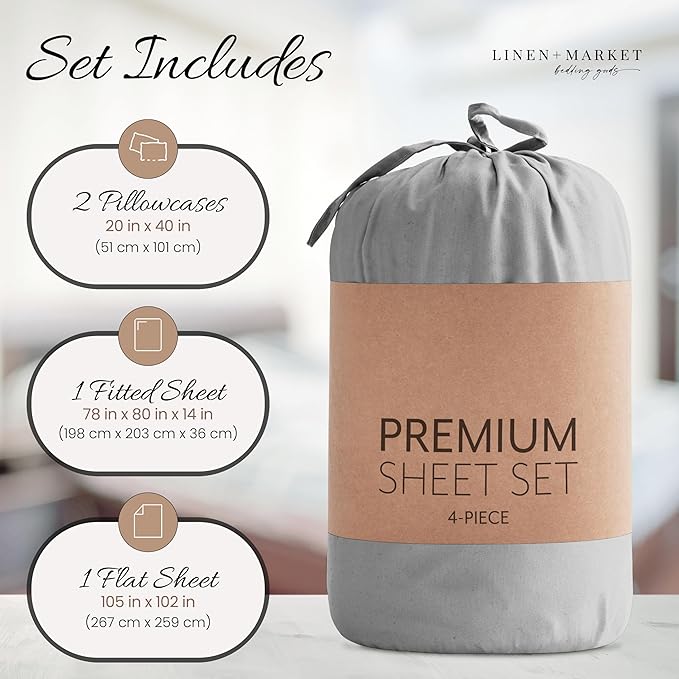Linen Market Double-Brushed Microfiber King Sheet Set 4 Piece – Oeko-TEX Certified Ultra Soft & Wrinkle-Free - 16" Deep Pocket Sheets - Easy Care King Size - Light Gray