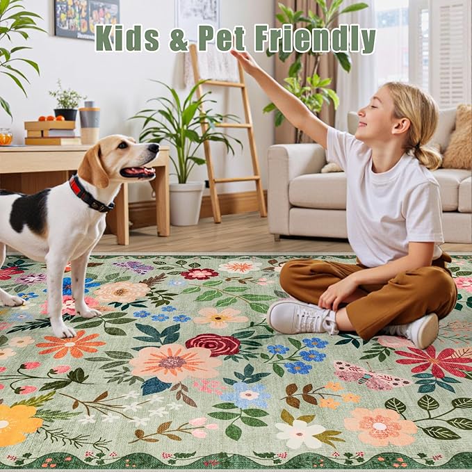 PLHXFR 3x10 Washable Runner Rug：Floral Indoor Kitchen Soft Carpet Green | - Image 6