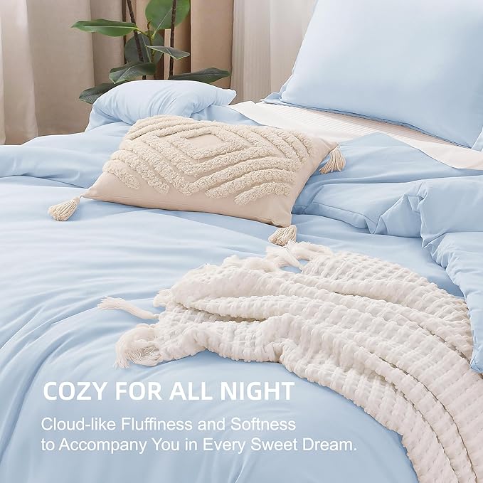 Litanika Comforters Light Blue Full Size, 3 Pieces Lightweight Solid Bedding Comforter Set, All Season Fluffy Bed Set (79x90In Comforter & 2 Pillowcases)