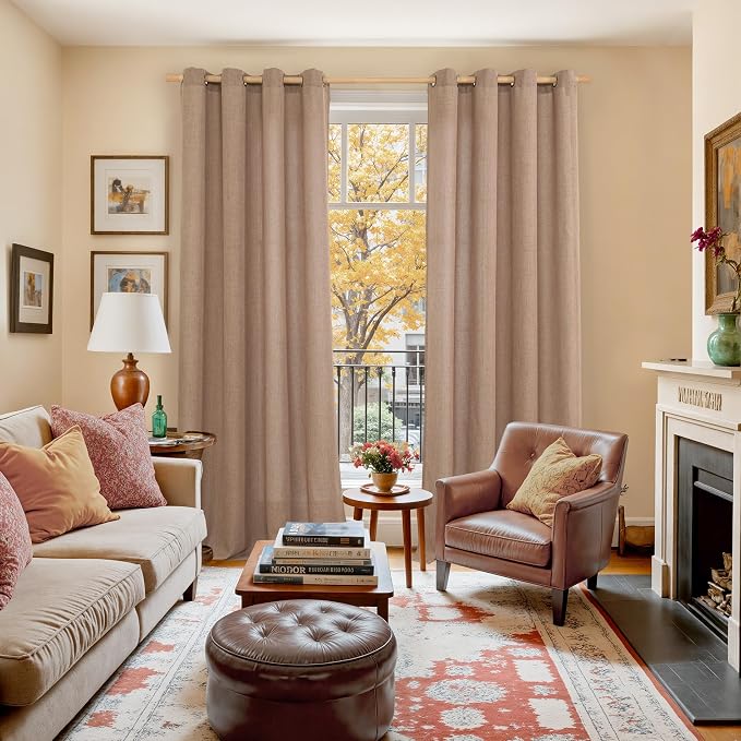 YoungsTex Mocha Linen Semi Sheer Curtains 98 Inches Long 2 Panels Set | Light - Image 2