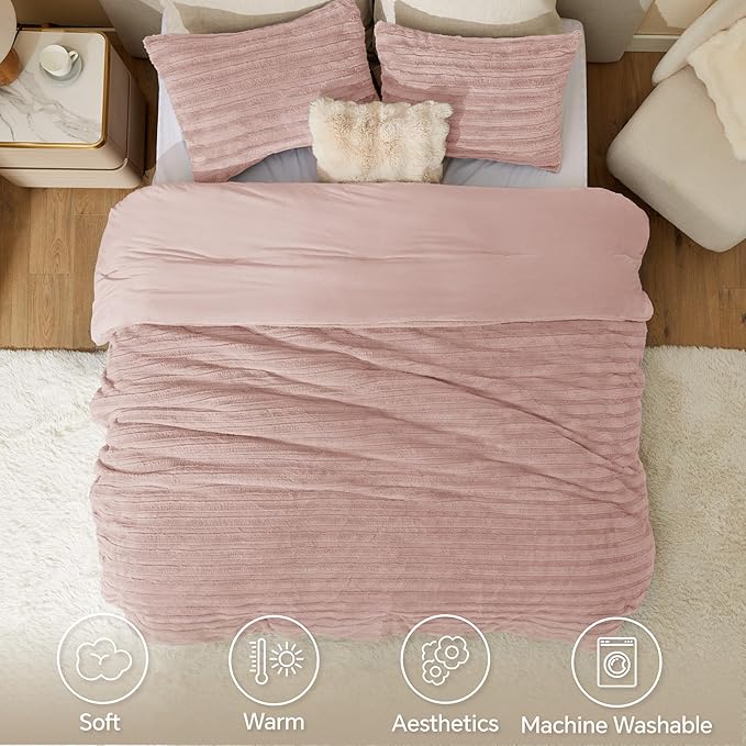 BEDELITE Fleece Queen Comforter Set -Super Soft & Warm Fluffy Pink Faux Fur Bedding, Luxury Fuzzy Heavy Bed Set for Winter with 2 Pillow Cases