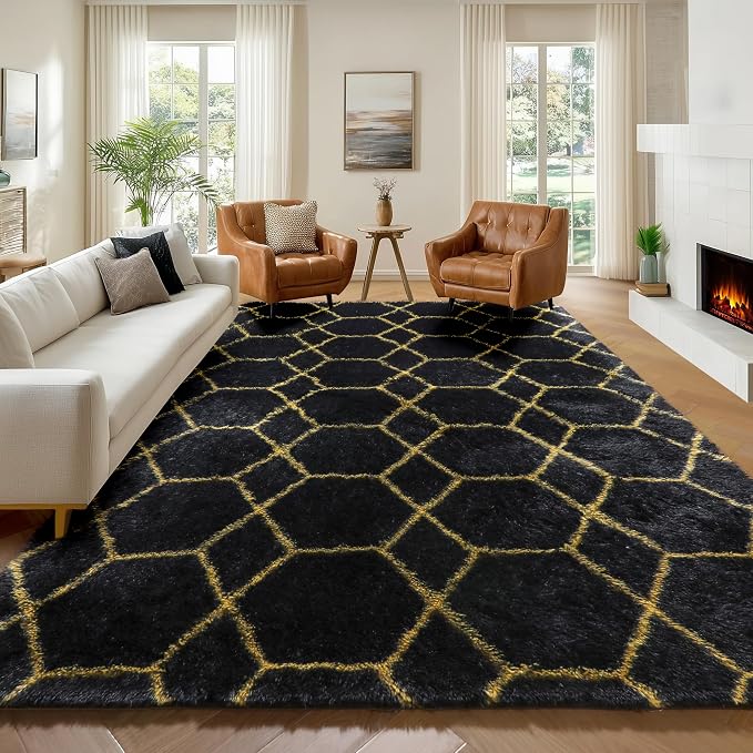 7x9 Area Rugs for Living Room Bedroom, Fluffy Black and Gold Geometric Rug | - Image 2