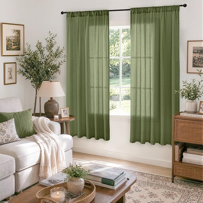 BGment Olive Green Linen Curtains 63 Inches Long - Image 2