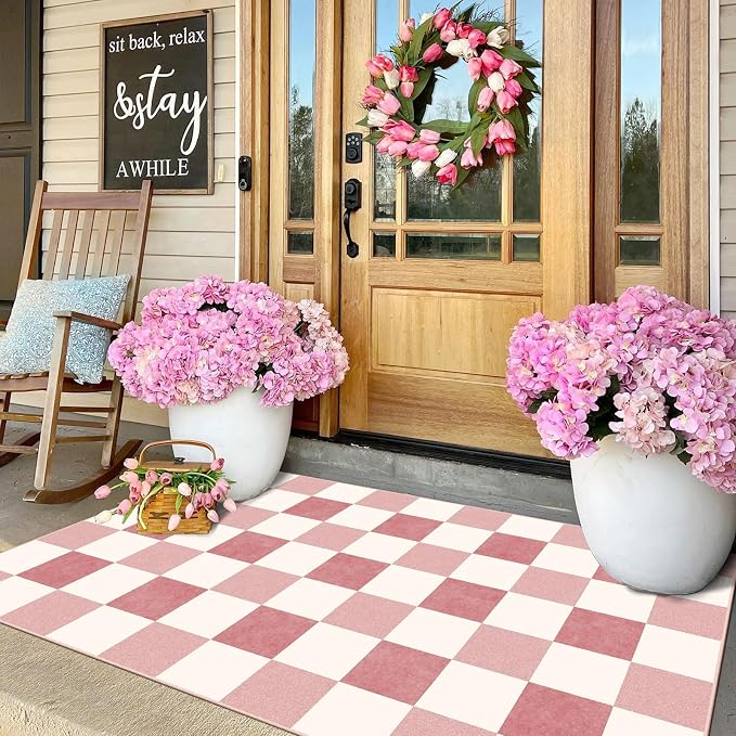 Pink White Checkered Entry Rug - Image 3