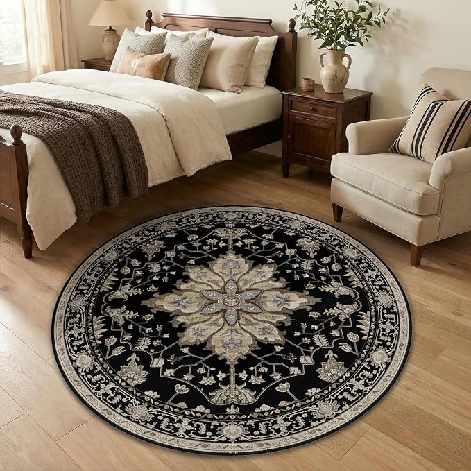 RELEANY Washable Area Rug, Round 4ft, Water Repellent, Pet Friendly, Vintage by RELEANY