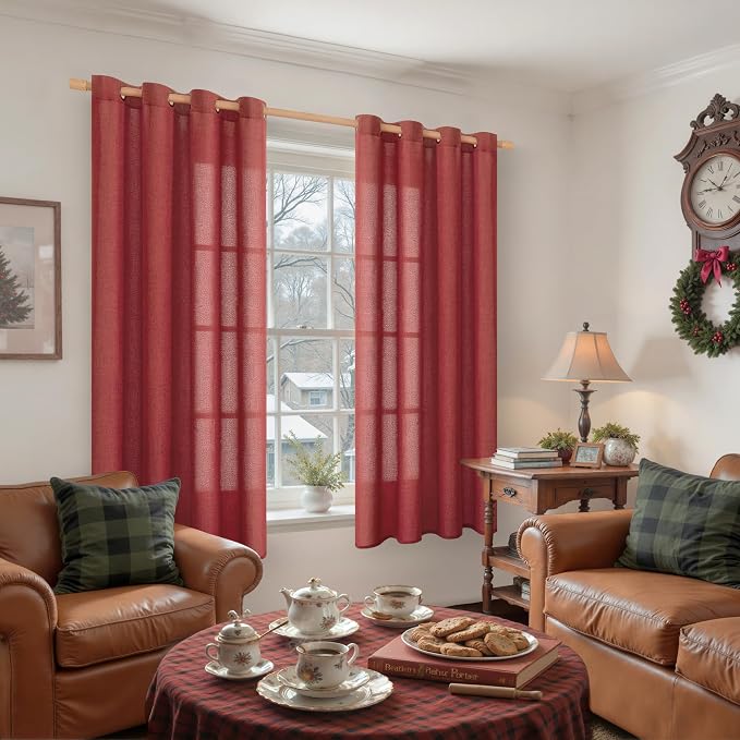 YoungsTex Burgundy Red Linen Curtains 63 Inch Length 2 Panels - Image 3