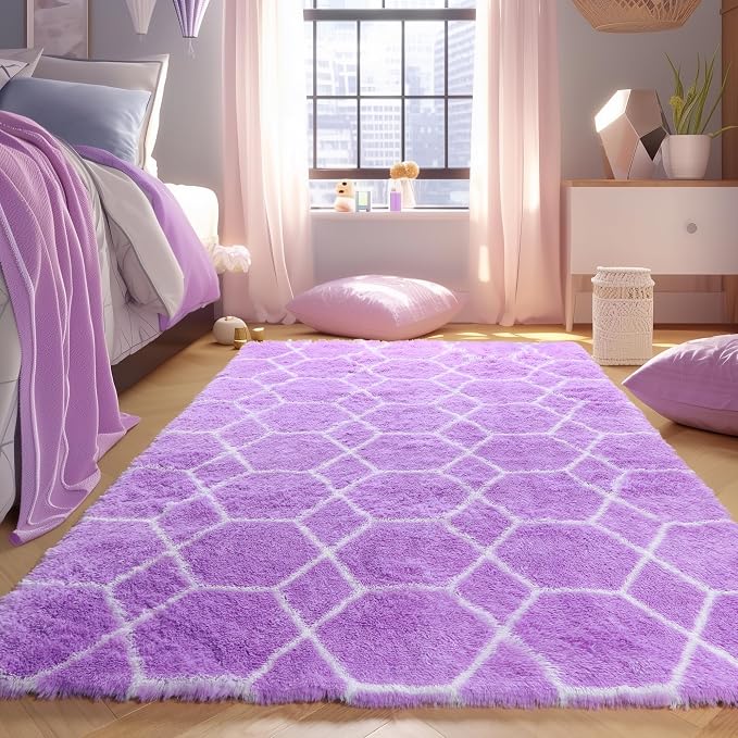 Area Rugs for Bedroom, 4x6 Fluffy Carpet Purple and White Geometric Rug | Boho by ONASAR