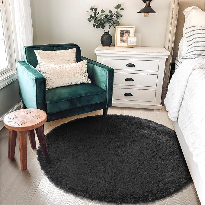 Amdrebio Black Fluffy Round Circle Rug 4Ft - Image 3