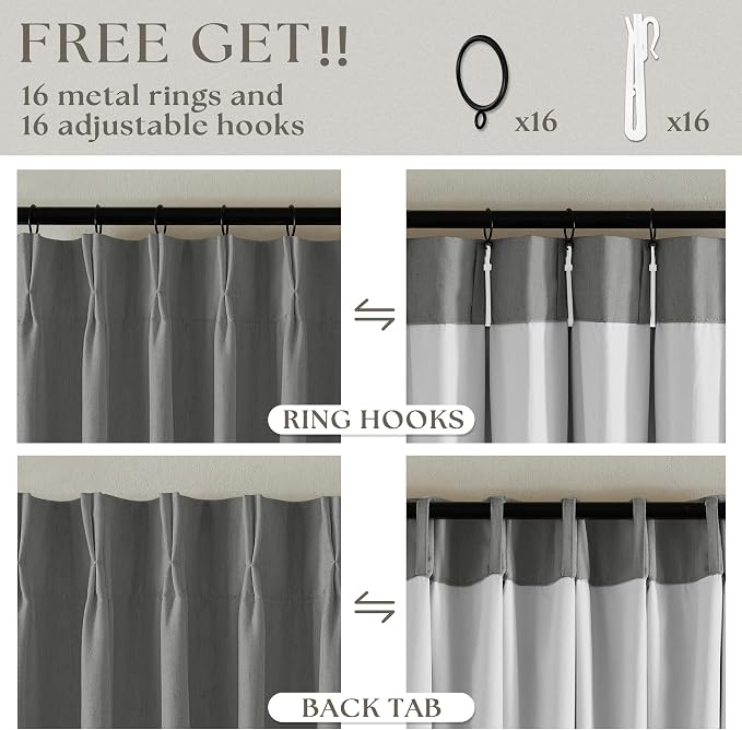 Grey Pinch Pleated 100% Blackout Linen 80 Inch Window Curtains 2 Panels Set | - Image 6