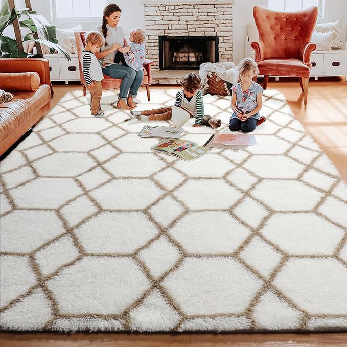 7x9 Area Rugs for Living Room Bedroom, Fluffy White and Beige Geometric Rug | - Image 7