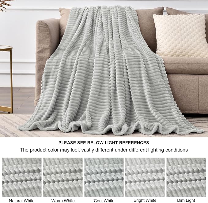BEDELITE 3D Ribbed Light Grey Fleece Throw Blanket - Image 6