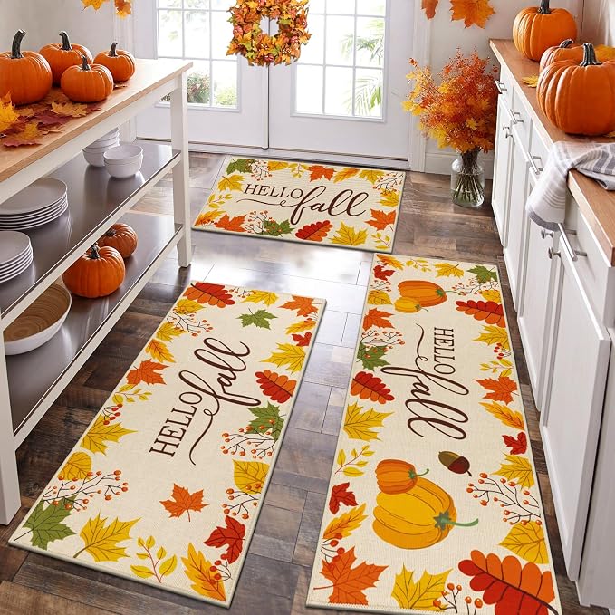 HEBE Fall Kitchen Rugs Set of 3, Washable Maple Leaf Kitchen Mats by HEBE