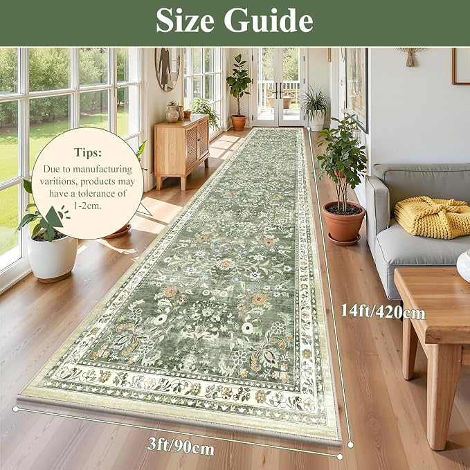 Yamaziot 3x14 Washable Hallway Runner Rug Non Slip Floral Carpet, Sage Green | - Image 2