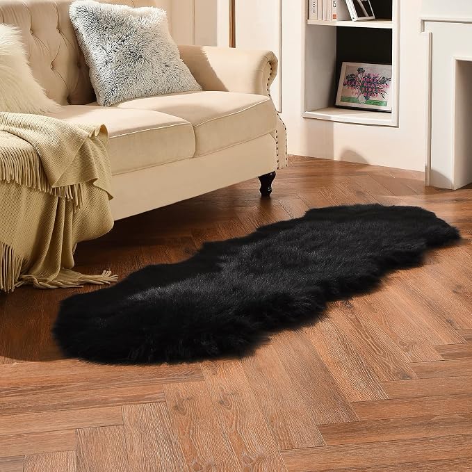 duduta Black Faux Sheepskin Runner Rugs 2x6 ft, Fluffy Fur Couch Covers | Shag - Image 6