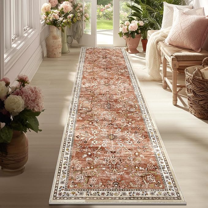 Yamaziot 2x8 Washable Hallway Runner Rug Non Slip Floral Carpet, Brick-red | by Yamaziot